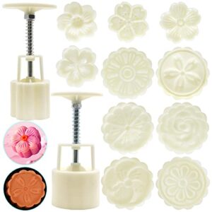 2 set mooncake mould press with 10 stamps, finegood round cherry blossom mooncake mould dessert decoration for diy cookie hand pressure mooncake baking tools (50g, 75g)