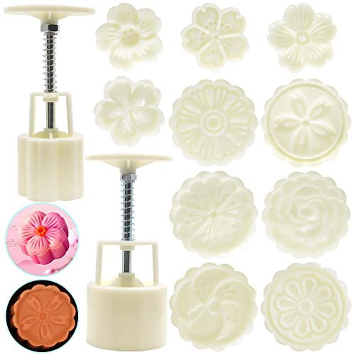 2 Set Mooncake Mould Press With 10 Stamps, FineGood Round Cherry Blossom Mooncake Mould Dessert Decoration for DIY Cookie Hand Pressure Mooncake Baking Tools (50g, 75g)