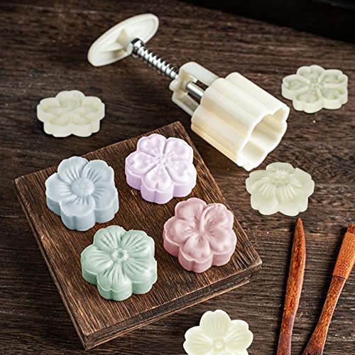 2 Set Mooncake Mould Press With 10 Stamps, FineGood Round Cherry Blossom Mooncake Mould Dessert Decoration for DIY Cookie Hand Pressure Mooncake Baking Tools (50g, 75g)