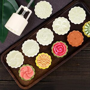 2 Set Mooncake Mould Press With 10 Stamps, FineGood Round Cherry Blossom Mooncake Mould Dessert Decoration for DIY Cookie Hand Pressure Mooncake Baking Tools (50g, 75g)