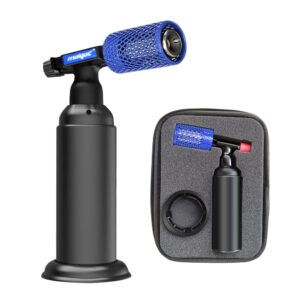 molgoc butane torch with anti-scalding device,stainless steel protective cover,refillable kitchen torch lighter,adjustable flame guard. (butane gas not included,blue)