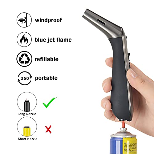 Jnfire Butane Torch Lighters Refillable, Adjustable Flame with Visible Fuel Tank, Kitchen Cooking Dab Torch for Creme Brulee Baking Cocktails BBQ Camping Welding (No Butane)