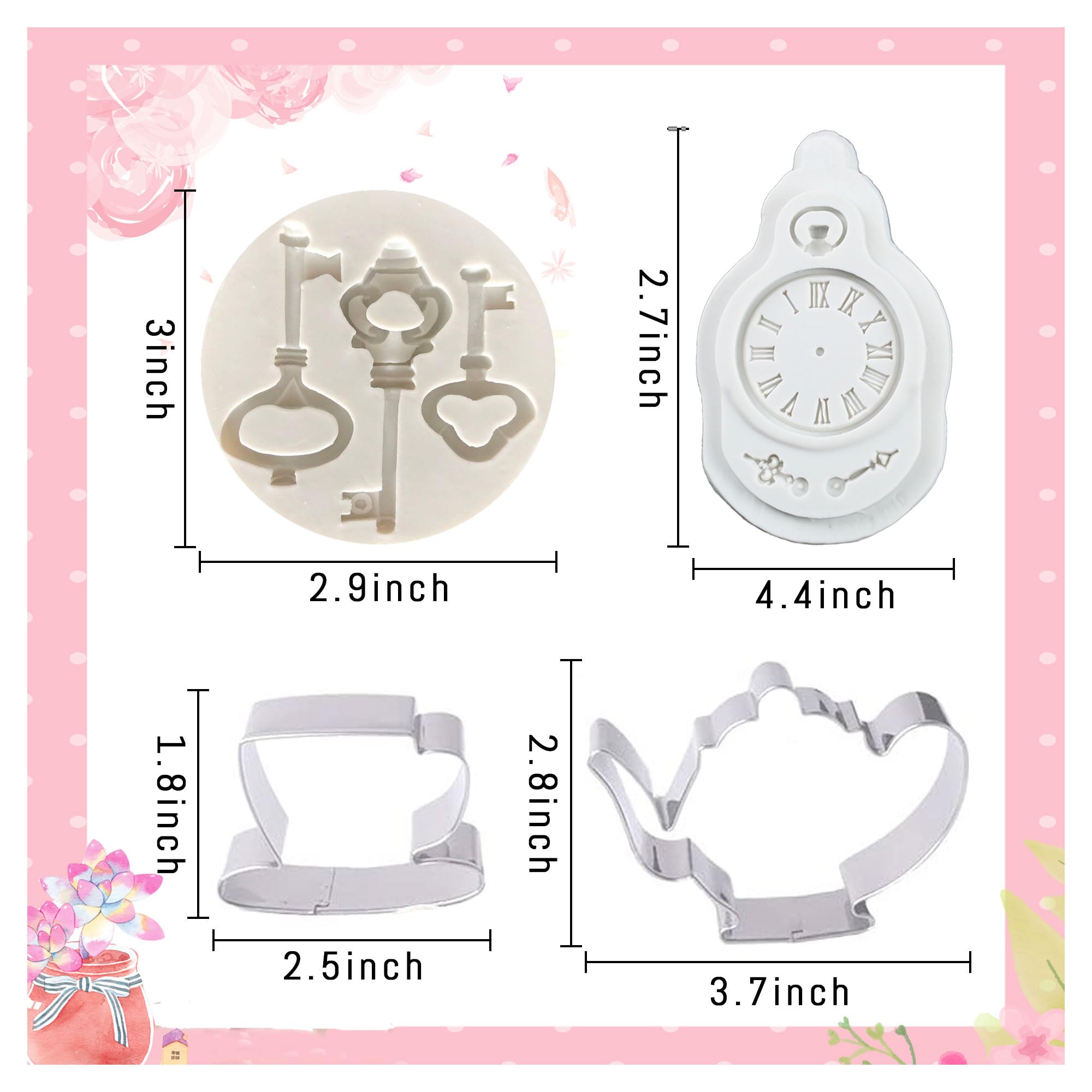 LaVenty 4 PCS Tea Party Cookie Cutter Tea Party Cake Mold Tea Party Cupcake Decoration Teapot Fondant Mold Tea Cup Mold Clock Mold Tea Party Favors Tea Party Supplies