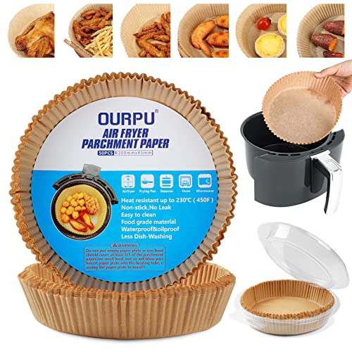 Air Fryer Liners Disposable Paper - 50pcs 7.9”Large Organic Food Grade Non-Chemical Coating, High Temperature Resistant, Oil/Water-proof Non-stick Airfryer Parchment Liners Baking Roasting Microwave