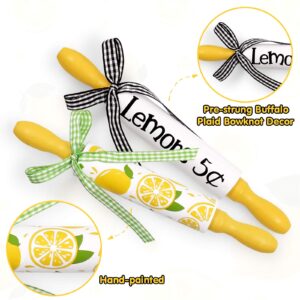 3pcs Lemon Mini Rolling Pins Wood Tiered Tray Decor Sign Rustic Black Yellow Green Buffalo Plaid Squeeze Fresh Lemonade Summer Farmhouse Lemon Kitchen Home Decor for Tray, Shelf, Centerpiece