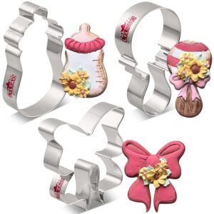 liliao baby shower cookie cutter set - 3 piece - bottle, rattle and bow/ribbon biscuit fondant cutters - stainless steel