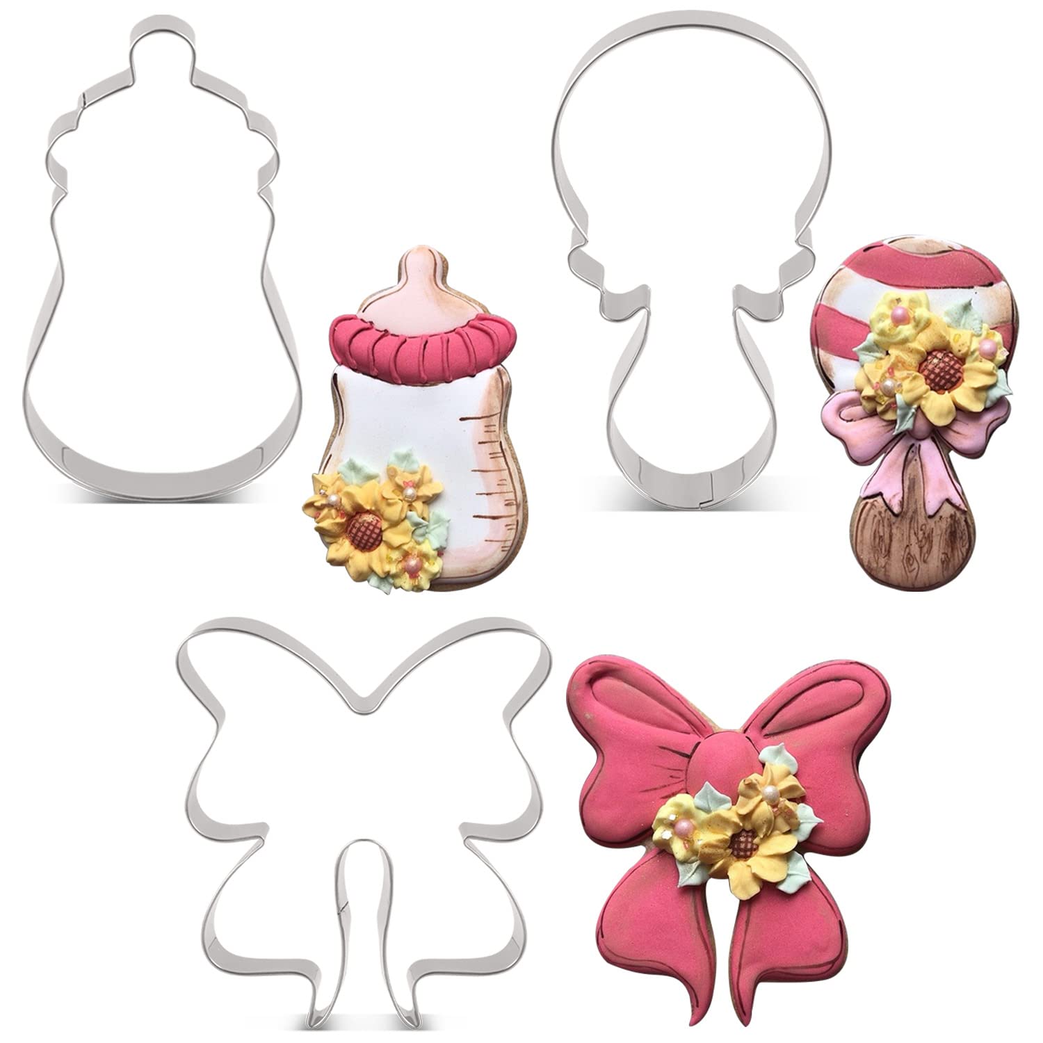 LILIAO Baby Shower Cookie Cutter Set - 3 Piece - Bottle, Rattle and Bow/Ribbon Biscuit Fondant Cutters - Stainless Steel