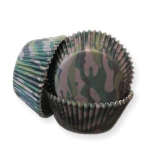 25 pc set of camouflage forest print cupcake liners - baking, caking and craft tools from bakell - green, brown and black forest army camo pattern