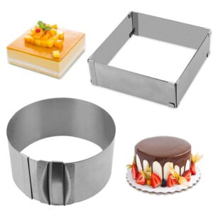cyimi adjustable cake mould stainless steel cake mousse ring 6 to 12 inch, thickened cake ring mould set of 2 for baking,diy cake (round+square)