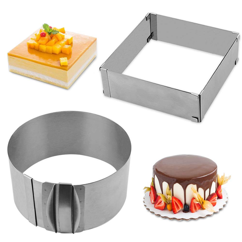 Cyimi Adjustable Cake Mould Stainless Steel Cake Mousse Ring 6 to 12 Inch, Thickened Cake Ring Mould Set of 2 for Baking,DIY Cake (Round+Square)