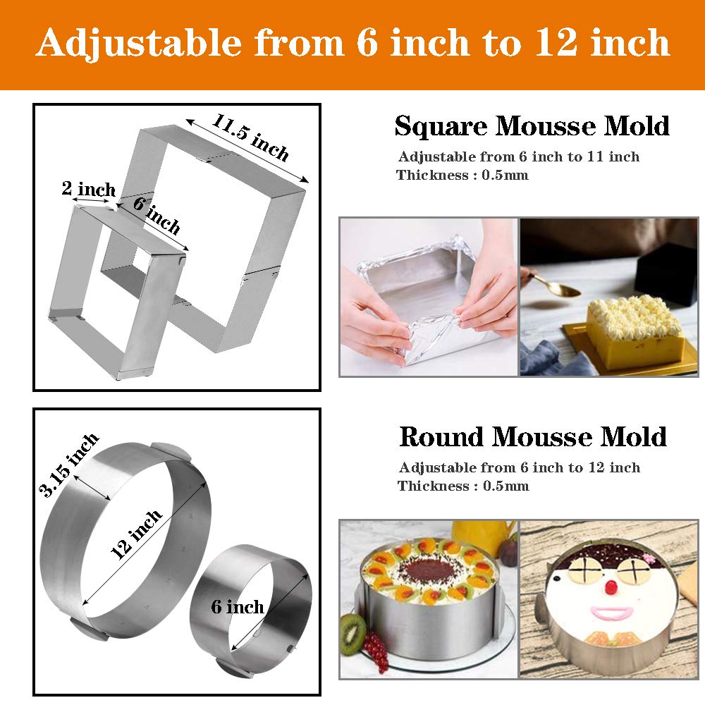 Cyimi Adjustable Cake Mould Stainless Steel Cake Mousse Ring 6 to 12 Inch, Thickened Cake Ring Mould Set of 2 for Baking,DIY Cake (Round+Square)