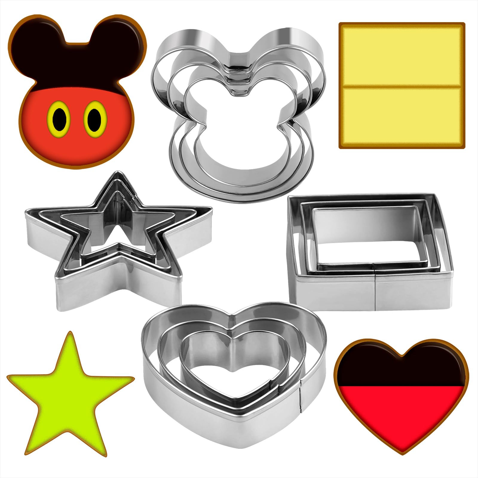 Metal Cookie Cutters Set - Mickey Mouse, Square, Heart, Star - 12Pieces Cookie Cutters - Fruit Cutter, Polymer Clay Cutters and Cookie Cutters for Kids - Cookie Cutter Set for Kitchen Baking