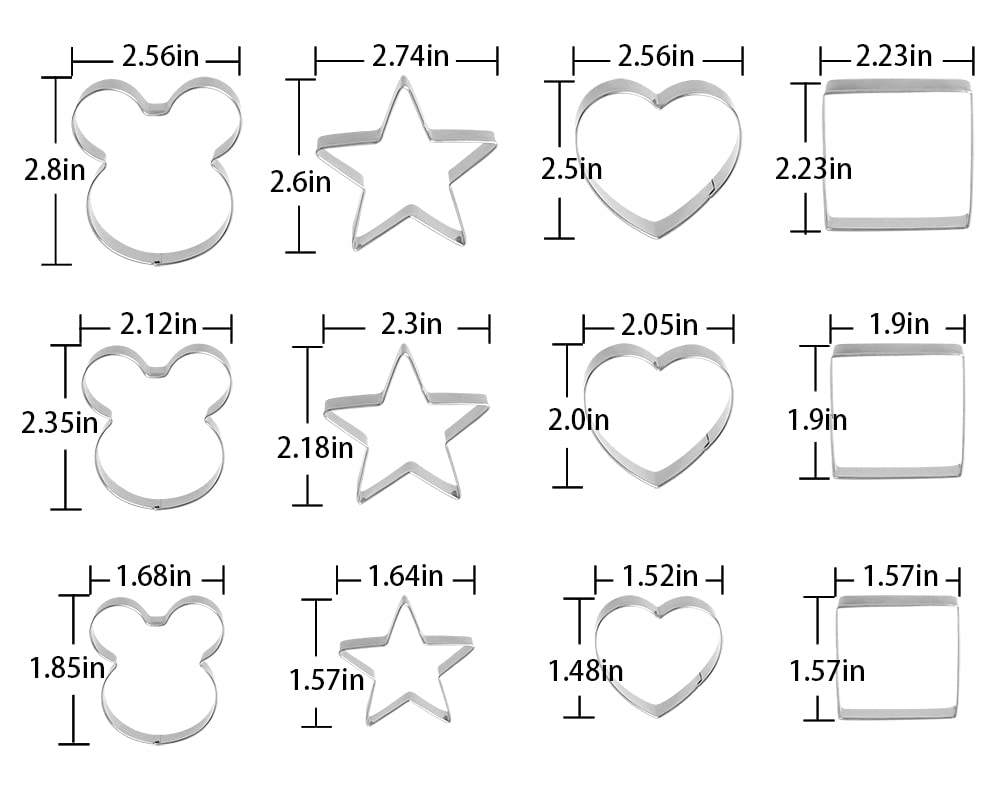 Metal Cookie Cutters Set - Mickey Mouse, Square, Heart, Star - 12Pieces Cookie Cutters - Fruit Cutter, Polymer Clay Cutters and Cookie Cutters for Kids - Cookie Cutter Set for Kitchen Baking