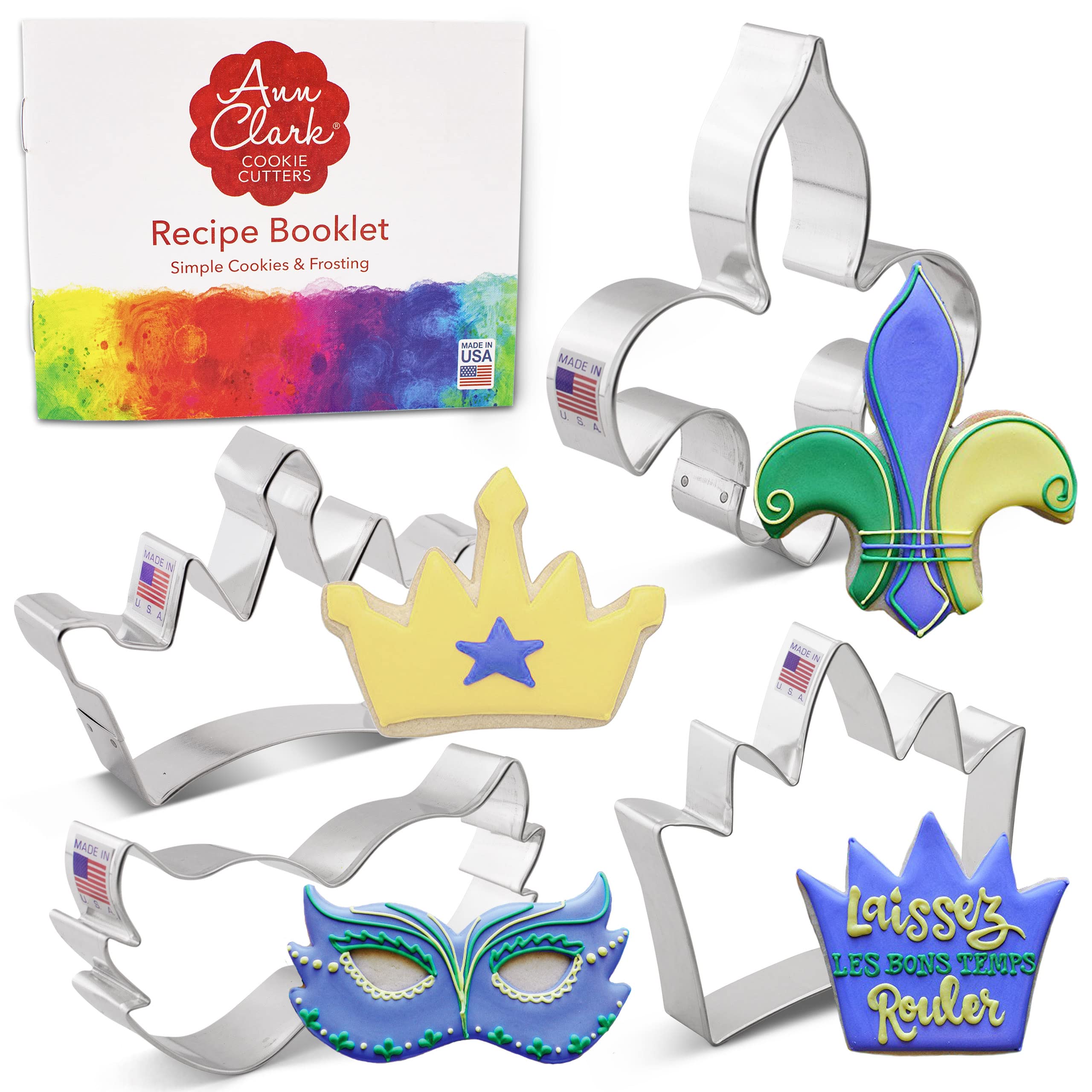 Mardi Gras New Orleans Cookie Cutters 4-Pc. Set Made in the USA by Ann Clark, King Crown, Princess Crown, Mask, Fleur de Lis