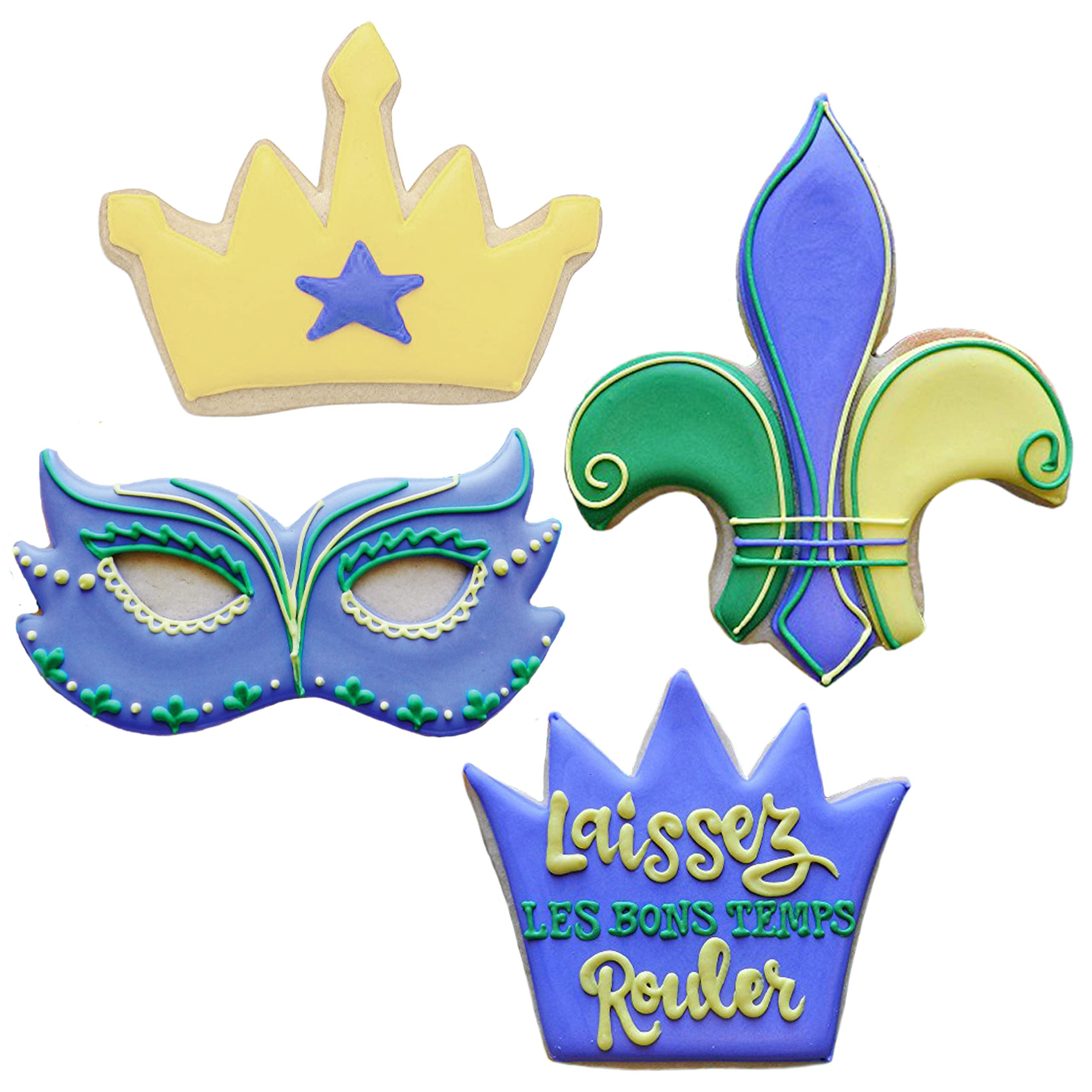 Mardi Gras New Orleans Cookie Cutters 4-Pc. Set Made in the USA by Ann Clark, King Crown, Princess Crown, Mask, Fleur de Lis