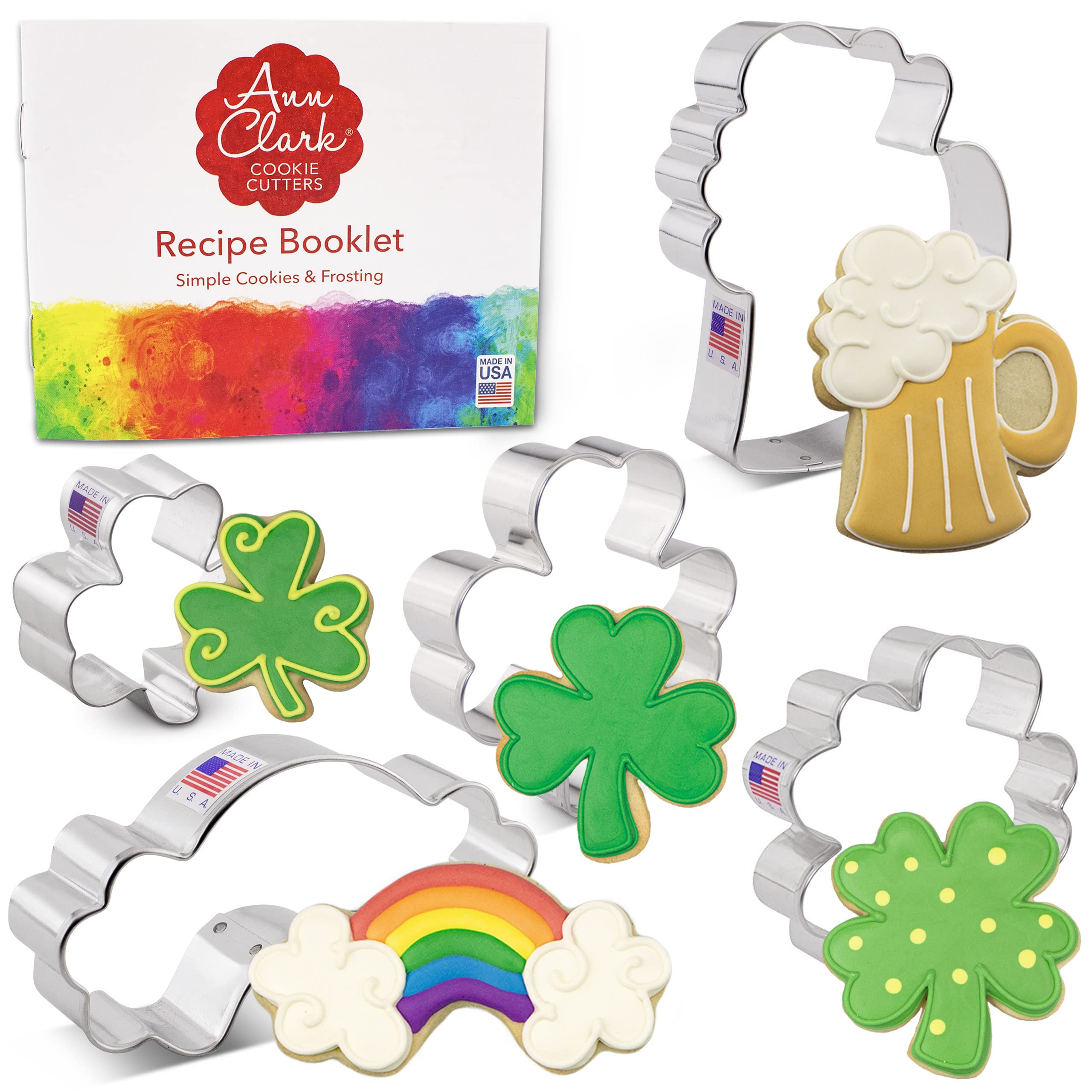 Ann Clark Cookie Cutters 5-Piece St. Patrick's Day Cookie Cutter Set with Recipe Booklet, Shamrock, Small Shamrock, Four Leaf Clover, Beer Mug