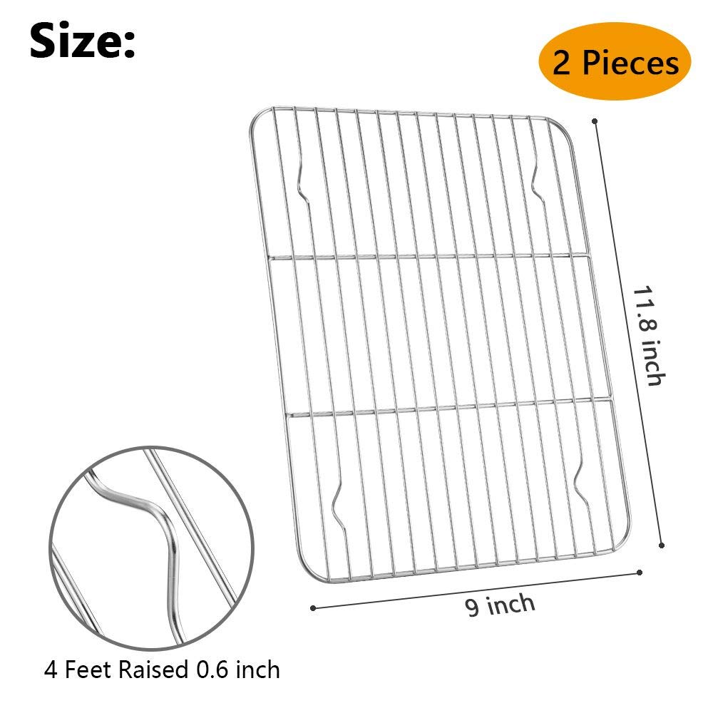 Baking Cooling Racks Set of 2, Stainless Steel Cooling Rack, Cookie Racks, Rectangle 9" x 11.8", Fit Quarter Sheet Pan, Cooking Racks for Toaster Oven, Frying, Roasting - Oven & Dishwasher Safe