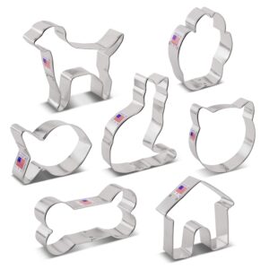 Pet Cookie Cutters 7-Pc. Set Made in the USA by Ann Clark, Paw Print, 4" Bone, Labrador, Cat Face, Curled Cat, and more
