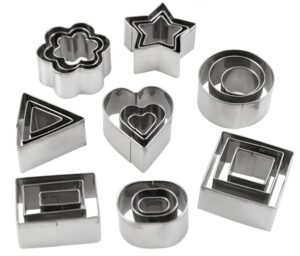 home-x stainless-steel cookie cutter set, rectangle, square, triangle, heart, circle, star, flower, and oval shapes, set of 24, assorted sizes, silver