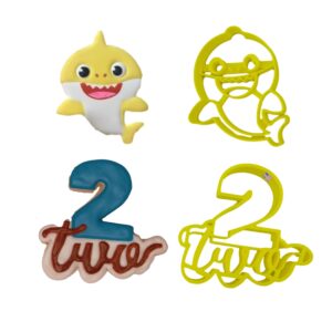 inspired by baby shark cookie cutters. two-year-old birthday number and word with baby yellow shark cartoon character cookie cutters (2 pack)