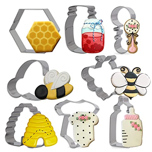 Fangleland Bee Themed Cookie Cutters, 8 Pack Bumble Bee Baking Molds Stainless Steel Biscuit Sandwich Cake Cutter Set for Baby Shower Party Supplies Favors