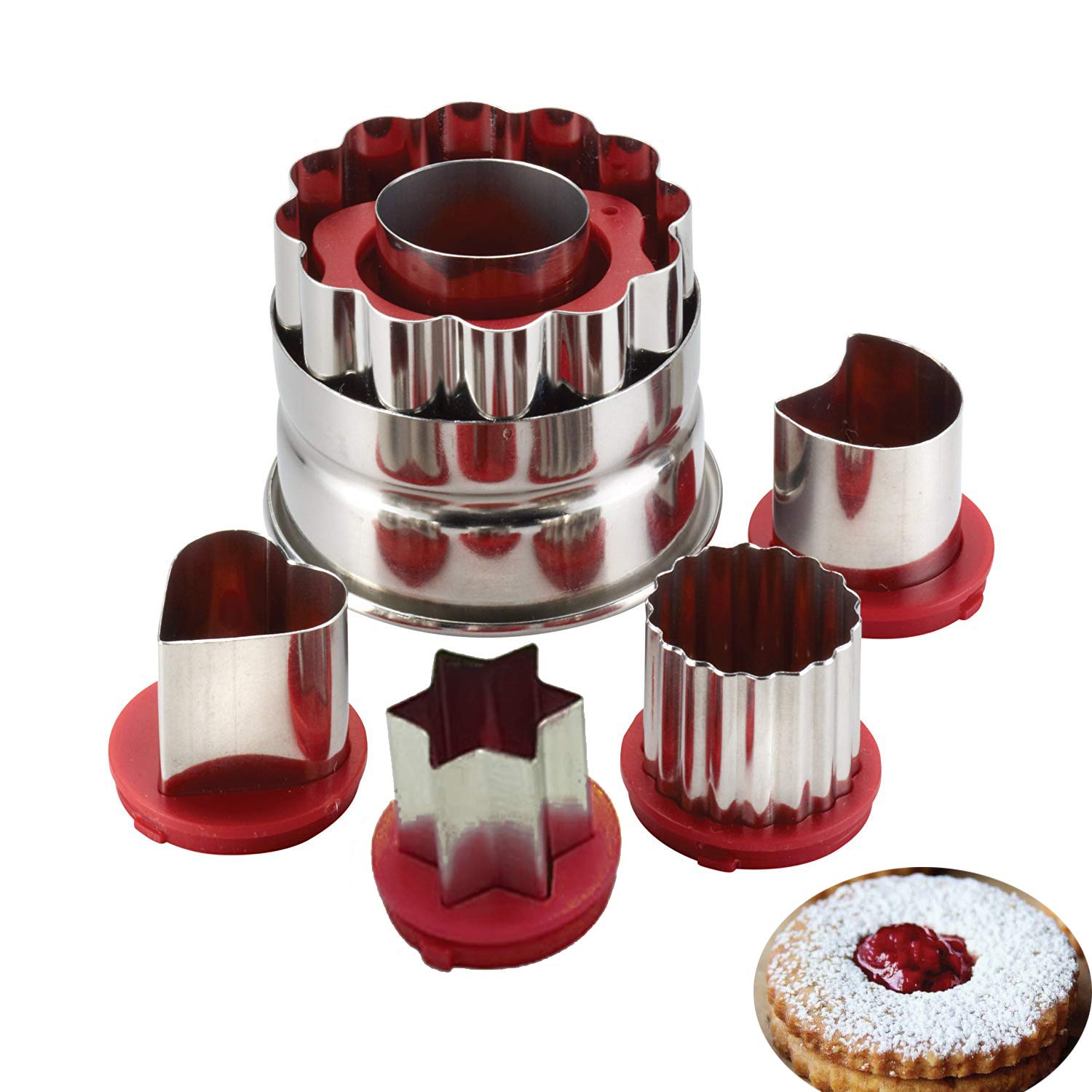 VolksRose Vegetable Fruit Cutters Shapes Set, 6-Pack Linzer Cookie Cutters Stainless Steel, Hollow Sauce Jam Filled Torte Mold Christmas Tool Cake DIY Mousse, Donuts, Fondant and Fruit