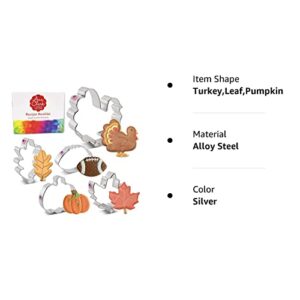 Fall Thanksgiving Cookie Cutters 5-Pc. Set Made in USA by Ann Clark, Maple Leaf, Turkey, Oak Leaf, Pumpkin, Football