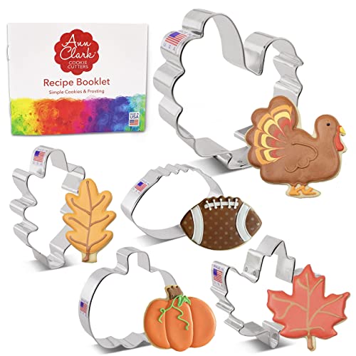 Fall Thanksgiving Cookie Cutters 5-Pc. Set Made in USA by Ann Clark, Maple Leaf, Turkey, Oak Leaf, Pumpkin, Football