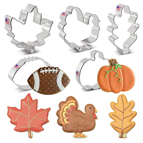 Fall Thanksgiving Cookie Cutters 5-Pc. Set Made in USA by Ann Clark, Maple Leaf, Turkey, Oak Leaf, Pumpkin, Football