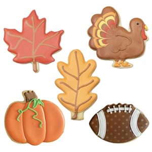 Fall Thanksgiving Cookie Cutters 5-Pc. Set Made in USA by Ann Clark, Maple Leaf, Turkey, Oak Leaf, Pumpkin, Football