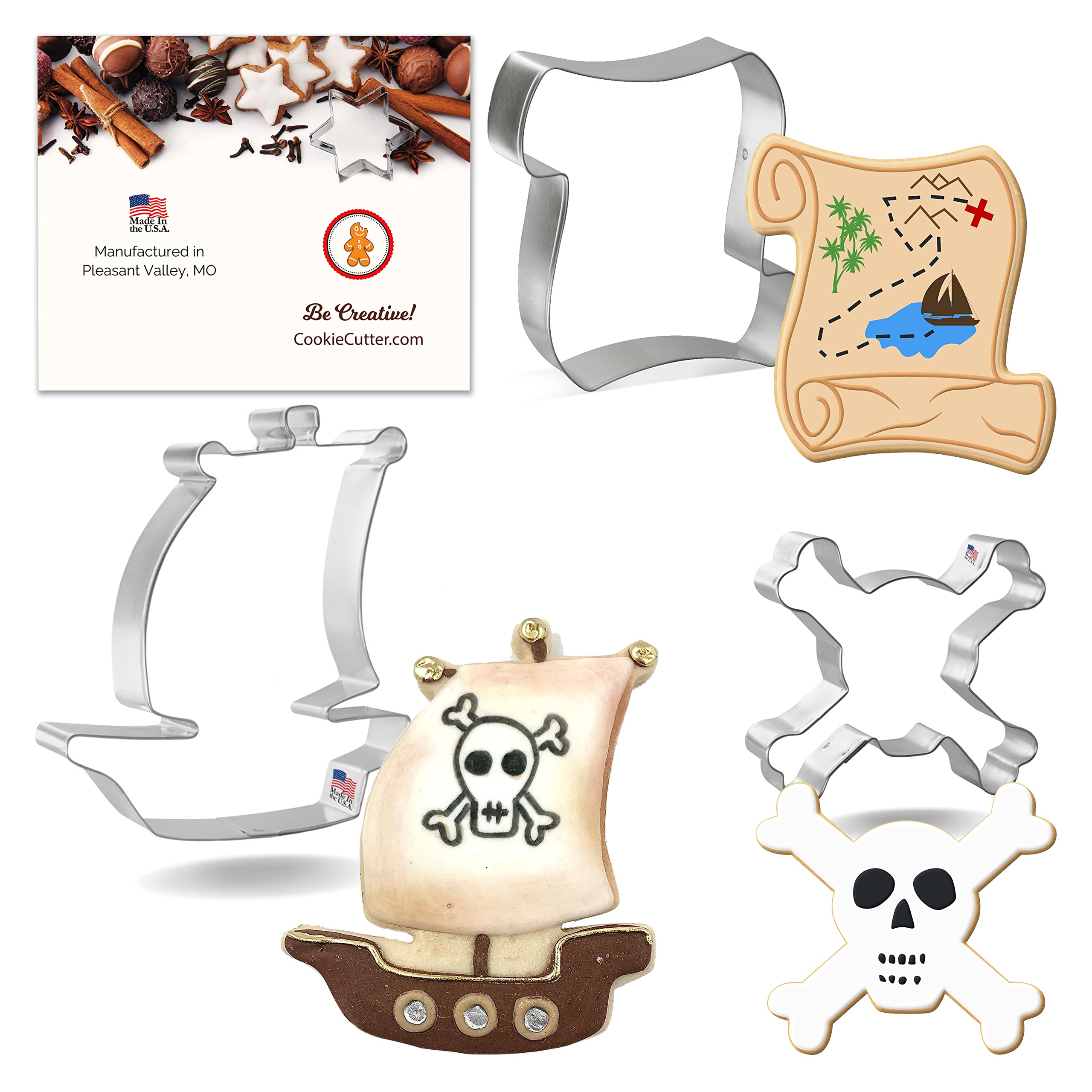 Foose Pirate Cookie Cutters 3 Piece Set with Recipe Card, Made in USA