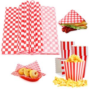 FHDUSRYO 100 Sheets Checkered Dry Waxed Deli Paper Sheets, Grease Resistant Checkered Basket Liner with 24 Popcorn Favor Boxes, Red and White Sandwich Paper Wraps for Party, Picnic (11x10.2inch)