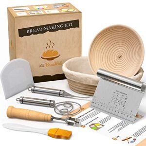 bread proofing basket with baking tools - sourdough starter kit with bread basket - bread proofing baskets for sourdough - bread making set with dough whisk - dough scraper baking gifts for bakers