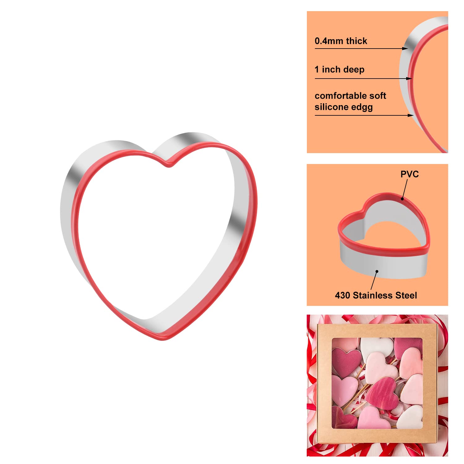 Heart Cookie Cutter for Valentine’s Day, 3 PCS Heart Shape Biscuit Cutter Set with Soft Silicone Heavy Duty Stainless Steel Baking Pastry Set for Decorating in Valentine’s Day, Birthday…