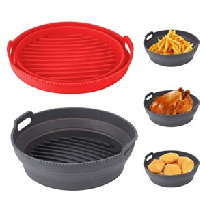 air fryer silicone liners, reusable collapsible round basket airfryer liner, 8.5 inch foldable heat resistant non stick baking trays for 5qt -8qt air fryers, 2 pack (grey+red)