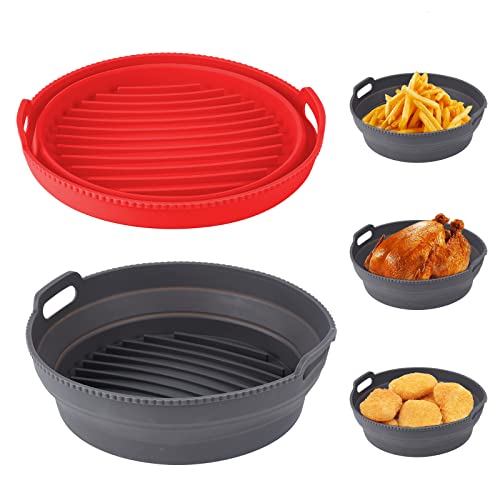 Air Fryer Silicone Liners, Reusable Collapsible Round Basket Airfryer Liner, 8.5 inch Foldable Heat Resistant Non Stick Baking Trays for 5QT -8QT Air Fryers, 2 Pack (Grey+Red)