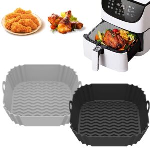 square air fryer silicone liners 8 inch for 4 to 8 qt, 2pcs reusable air fryer basket pot replacement of parchment paper liners air fryer accessories liners for air fryer oven microwave(gray+black)