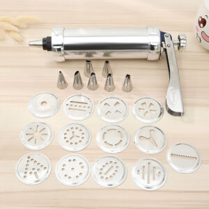 9.8x5.9in Cookie Press Maker Aluminium Alloy Cookies Biscuits Press Maker Mold Kit with 7 Piping Nozzle,13Cookies Mold,Cream Laminator Pastry Piping DIY Laminating Gun for Making Cake Decorating