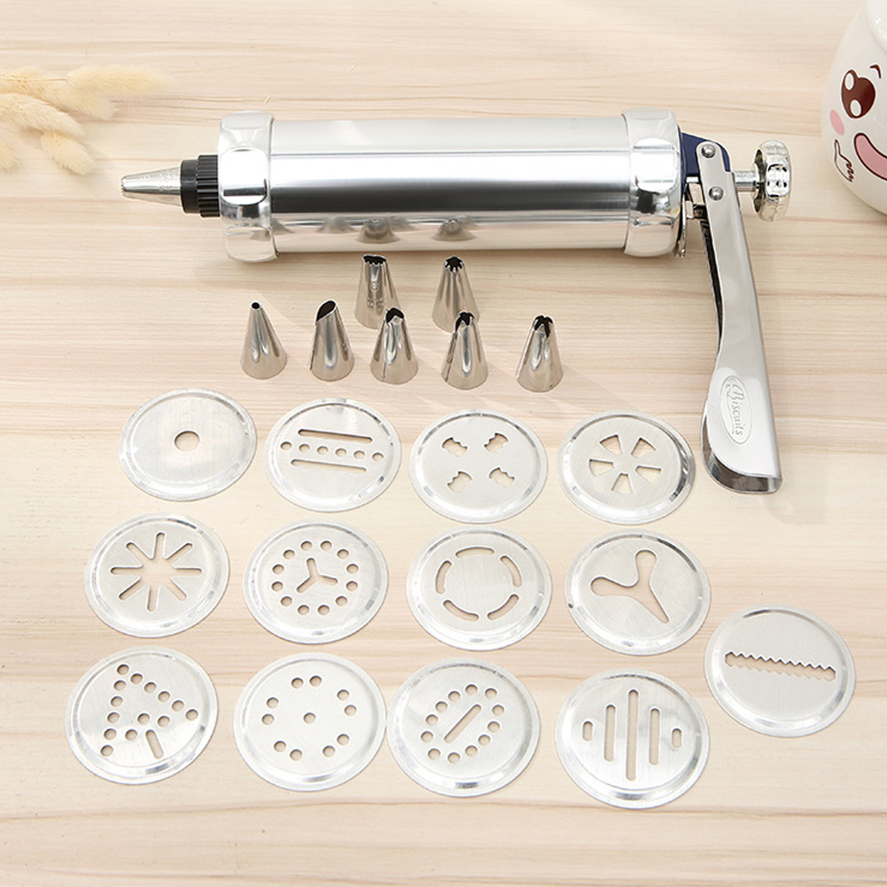 9.8x5.9in Cookie Press Maker Aluminium Alloy Cookies Biscuits Press Maker Mold Kit with 7 Piping Nozzle,13Cookies Mold,Cream Laminator Pastry Piping DIY Laminating Gun for Making Cake Decorating