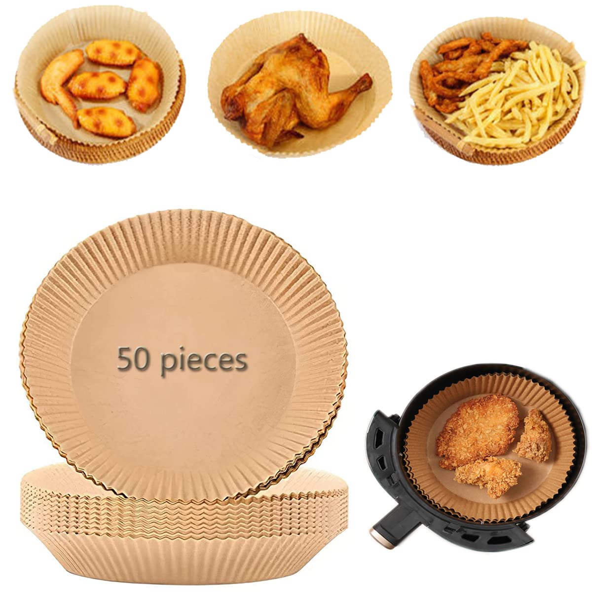 50 Pcs 6.3 inch Air Fryer Disposable Paper Liner,Large Non-stick Disposable Water-Proof,Food Grade Baking Paper for Air Fryer Accessories,Steamer,Bakeware, Roasting Microwave