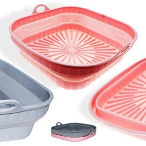 2Pcs Air Fryer Silicone Pot 8 Inch, Air Fryer Silicone Liners Square Foldable,Non Stick Food-Grade Air Fryer Tray,Air Fryer Replacement Basket,Air Fryer Accessories Reusable Pink Grey