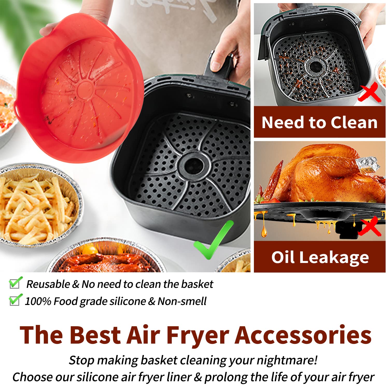 Air Fryer Silicone Pot – Food Safe Air Fryer Oven Accessories, Replacement for Flammable Parchment Liner Paper, No More Harsh Cleaning Basket After Using Air fryer（8.6 Inch）