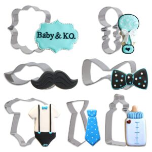 Little Man Themed Cookie Cutter Set Stainless Steel Mustache Bow Tie Neck Onesie Rattle Baby Bottle Photo Plaques Dough Fondant Biscuit Molds for Baby Shower