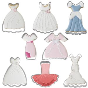 dress shaped cookie cutters set of 8 pcs, stainless steel wedding dress princess dress fondant cutter molds baking diy