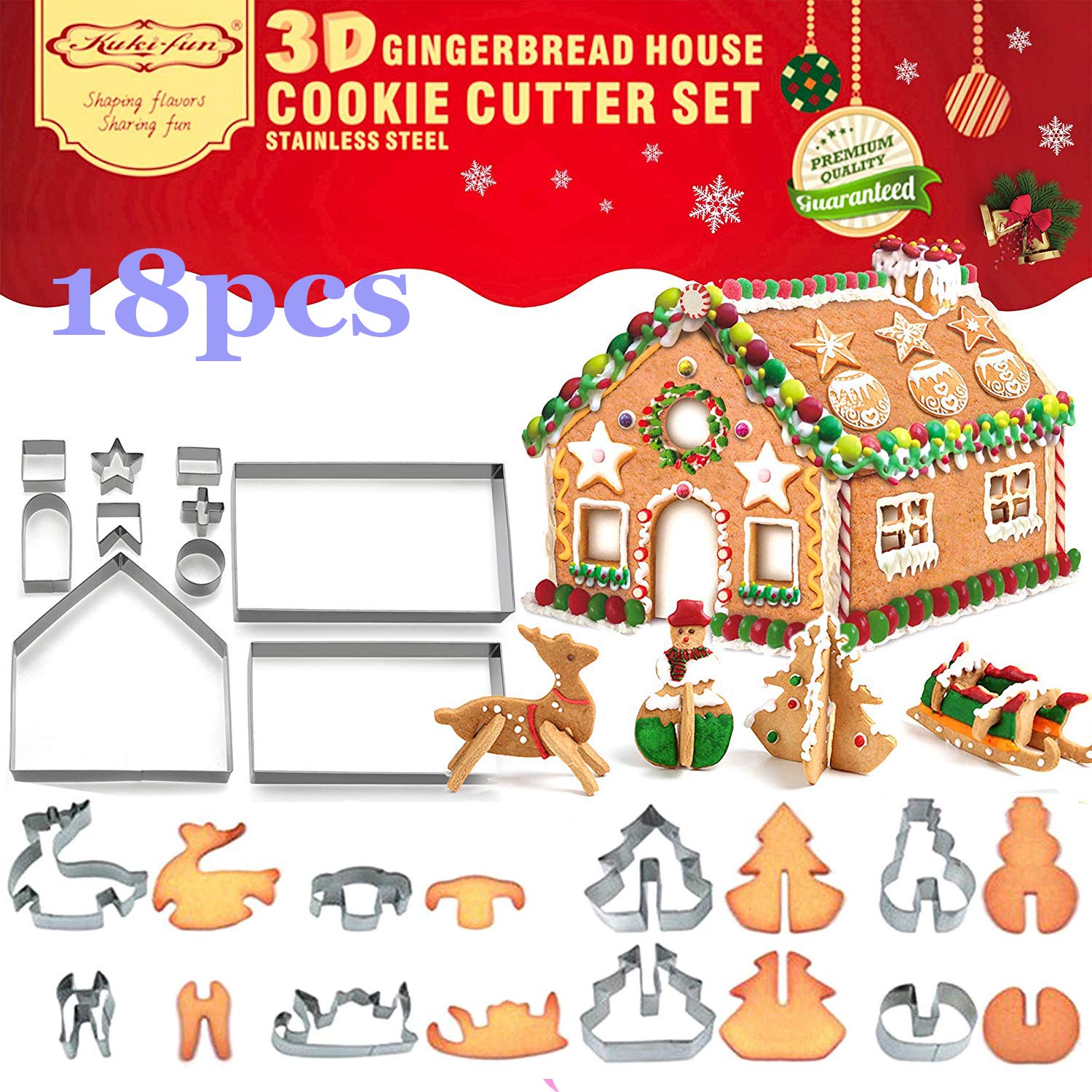 3D Christmas House Cookie Cutter Set, Gingerbread House Cutters Kit, Festive Xmas Stainless Steel Biscuit Cutter Set, Including Christmas Tree, Snowman, Reindeer, Sled Shapes, Gift Box Package(18 PCS)