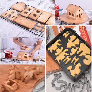 3D Christmas House Cookie Cutter Set, Gingerbread House Cutters Kit, Festive Xmas Stainless Steel Biscuit Cutter Set, Including Christmas Tree, Snowman, Reindeer, Sled Shapes, Gift Box Package(18 PCS)