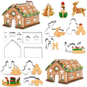 3D Christmas House Cookie Cutter Set, Gingerbread House Cutters Kit, Festive Xmas Stainless Steel Biscuit Cutter Set, Including Christmas Tree, Snowman, Reindeer, Sled Shapes, Gift Box Package(18 PCS)