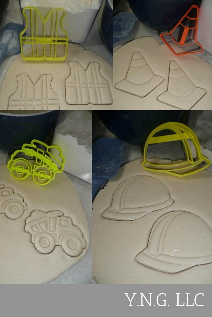 YNGLLC CONSTRUCTION WORKER EQUIPMENT SAFETY GEAR SET OF 4 COOKIE CUTTERS BAKING TOOL 3D PRINTED MADE IN USA PR1557 Multicolor