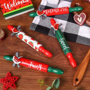 Whaline 4pcs Watermelon Mini Rolling Pins Red Green Watermelon Tiered Tray Decor with Bow Summer Home Kitchen Wooden Farmhouse Watermelon Decoration Table Centerpiece for Shelf Mantelpiece