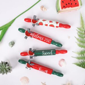 Whaline 4pcs Watermelon Mini Rolling Pins Red Green Watermelon Tiered Tray Decor with Bow Summer Home Kitchen Wooden Farmhouse Watermelon Decoration Table Centerpiece for Shelf Mantelpiece